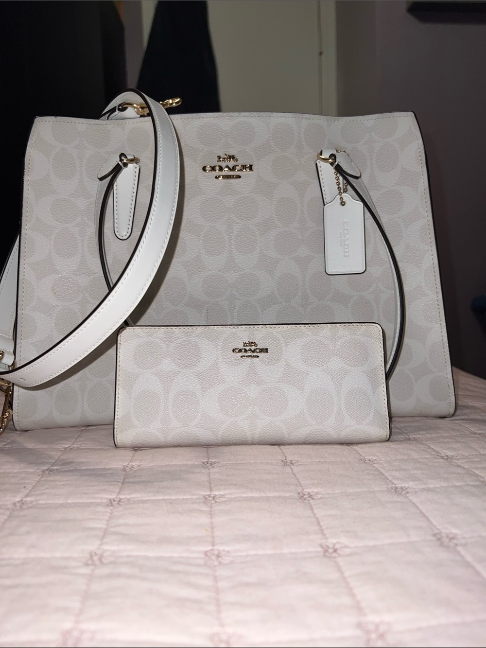 Coach White Signature Tote with Matching Wallet
